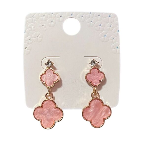 Designer Inspired Double Pink Clover Gold Tone Dangle Earrings - Picture 5 of 5